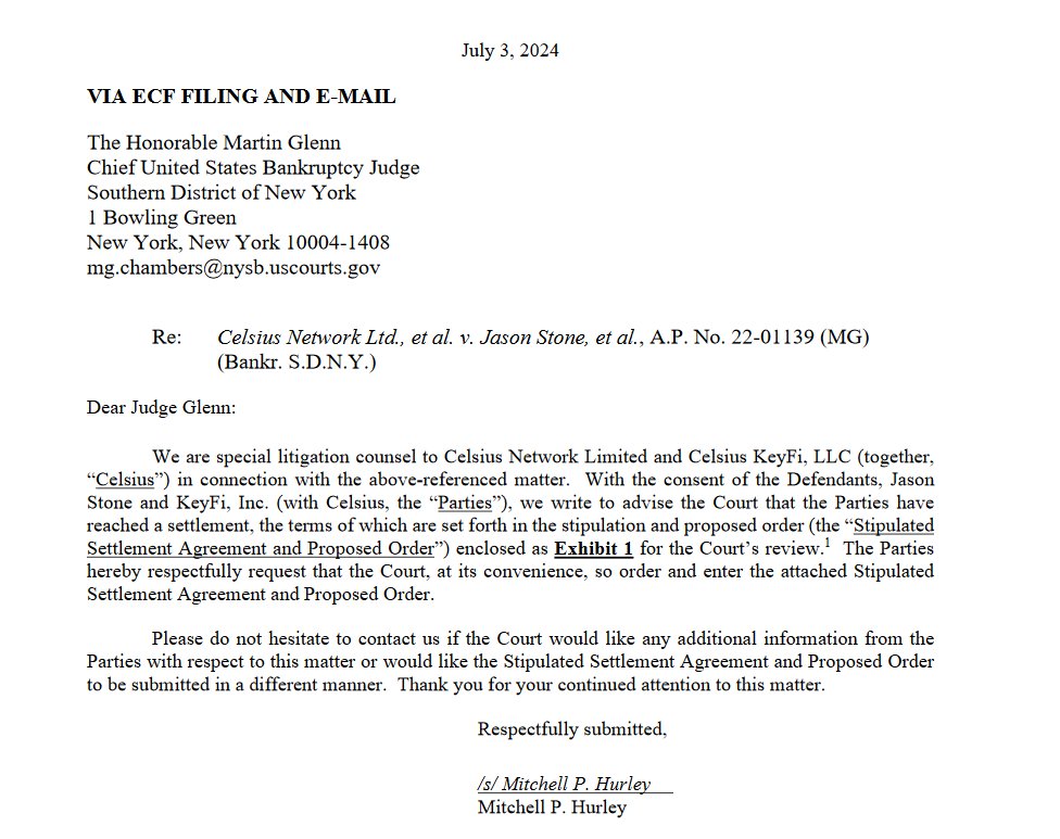 Settlement agreement between Celsius and Jason Stone,