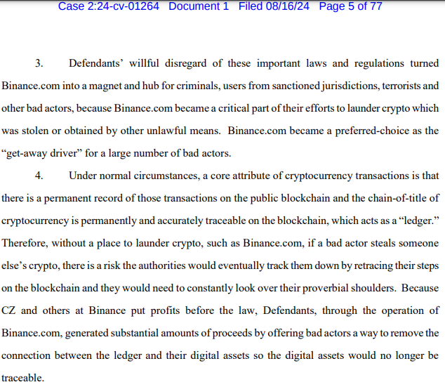 Binance og CZ står over for søgsmål om hvidvaskning af penge, kilde: retsdokument.