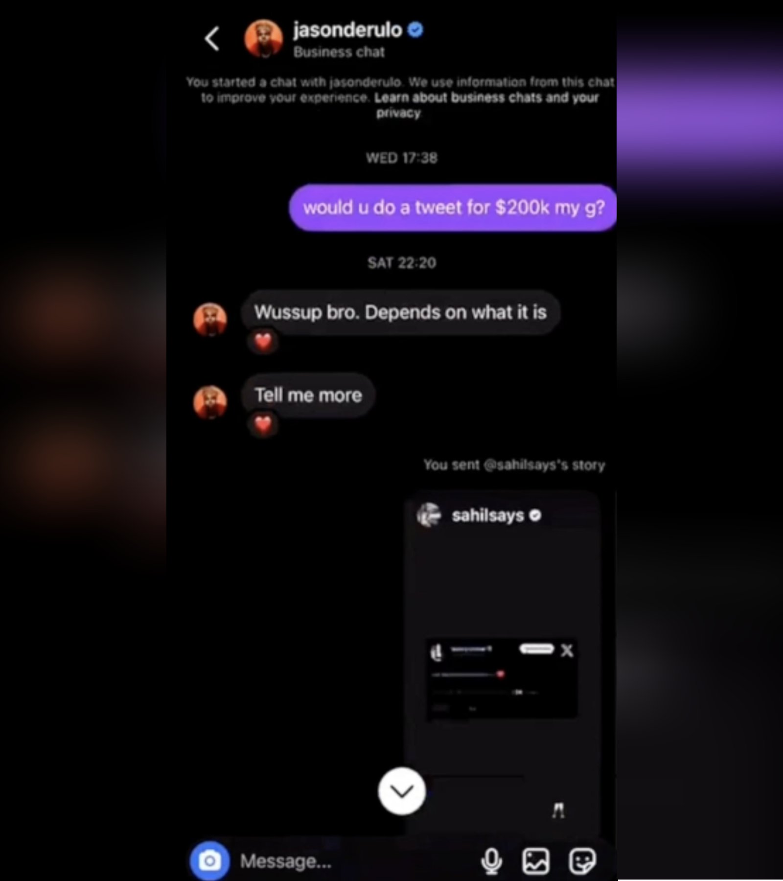 Sahil Aroras påståede chat med Jason Derulo