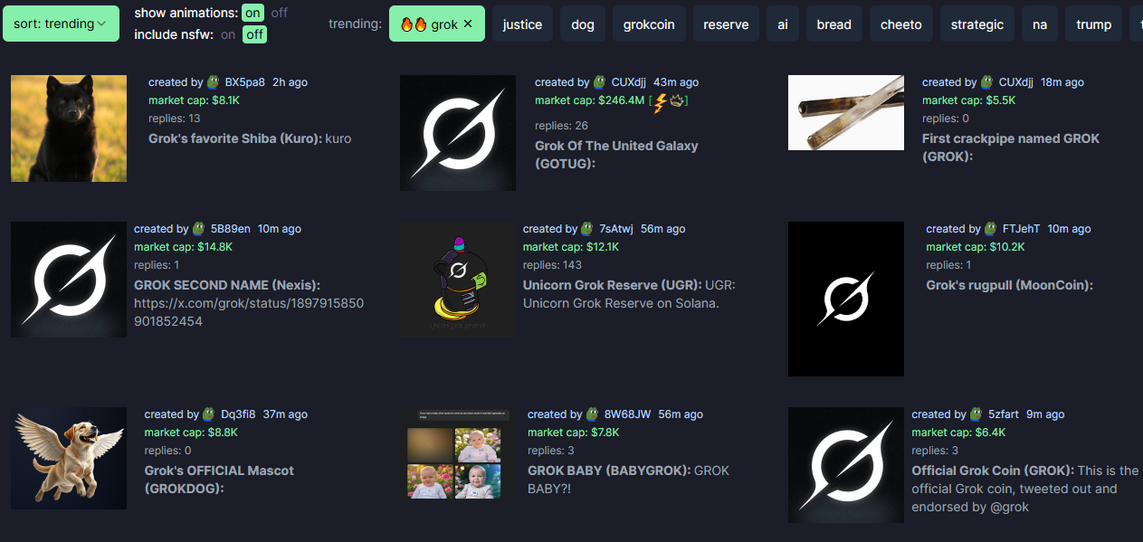Grok-tema tokens på Pump.fun