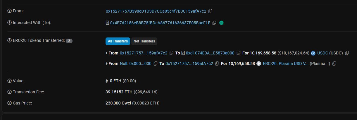 Bruger betaler 39 ETH for $10 millioner USDC tildeling på Plasma ICO