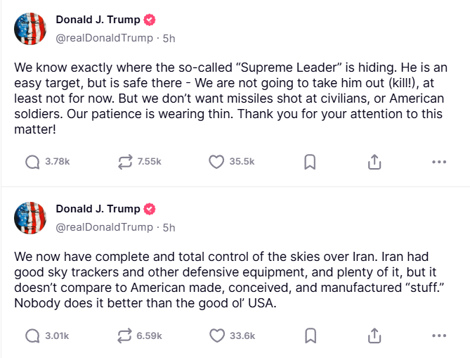 USAs præsident Donald Trumps advarsel vedrørende konflikten, fra den 17. juni 2025. Kilde: Truth Social