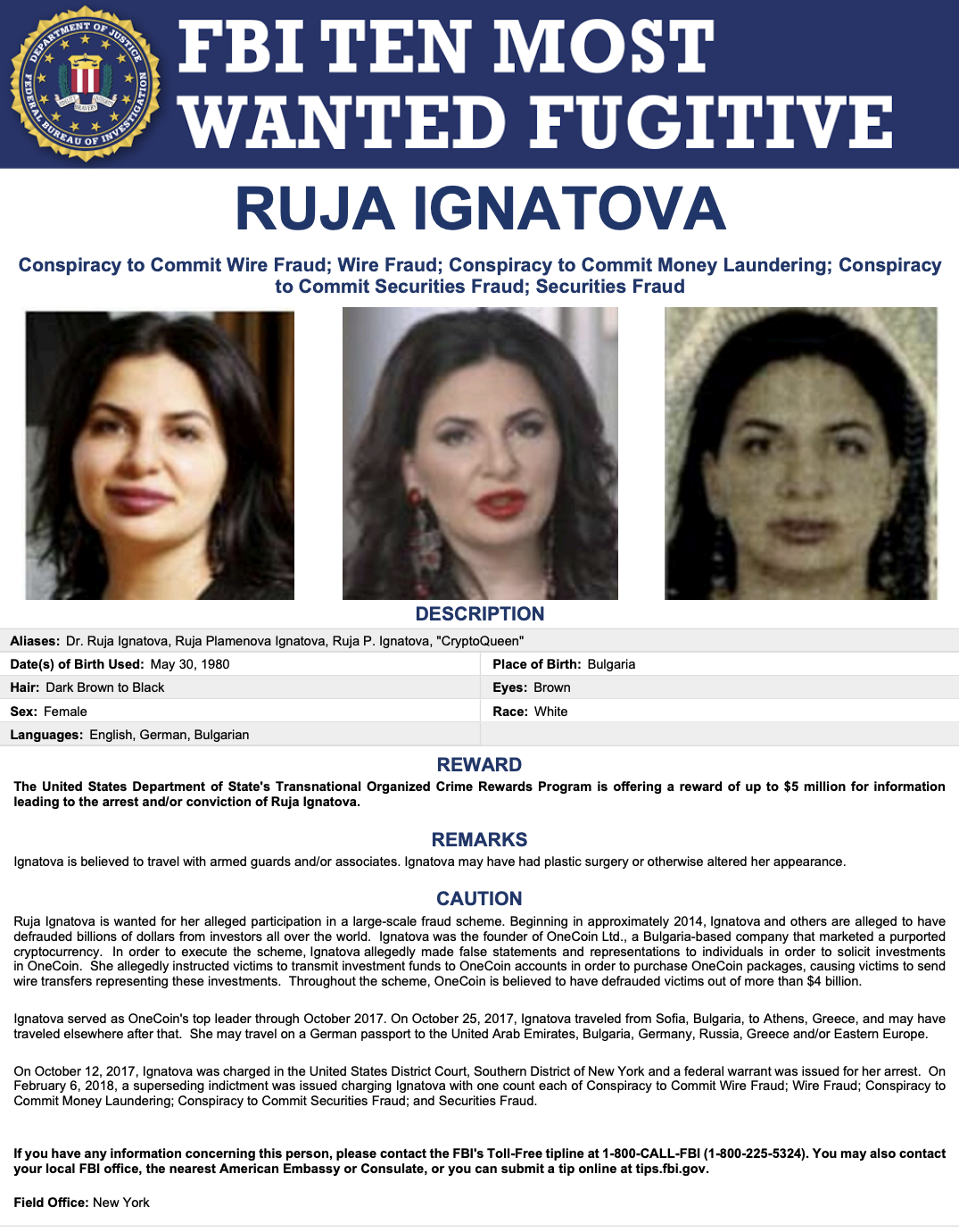 Ruja Plamenova Ignatova på FBI's Most Wanted List