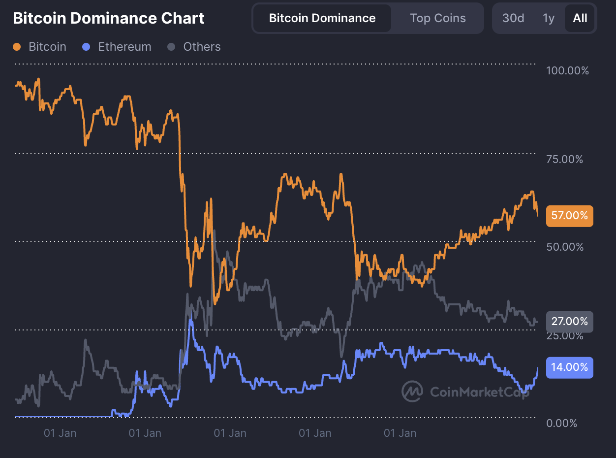 Bitcoin fortsætter med at dominere kryptomarkedet. Kilde: CoinMarketCap.